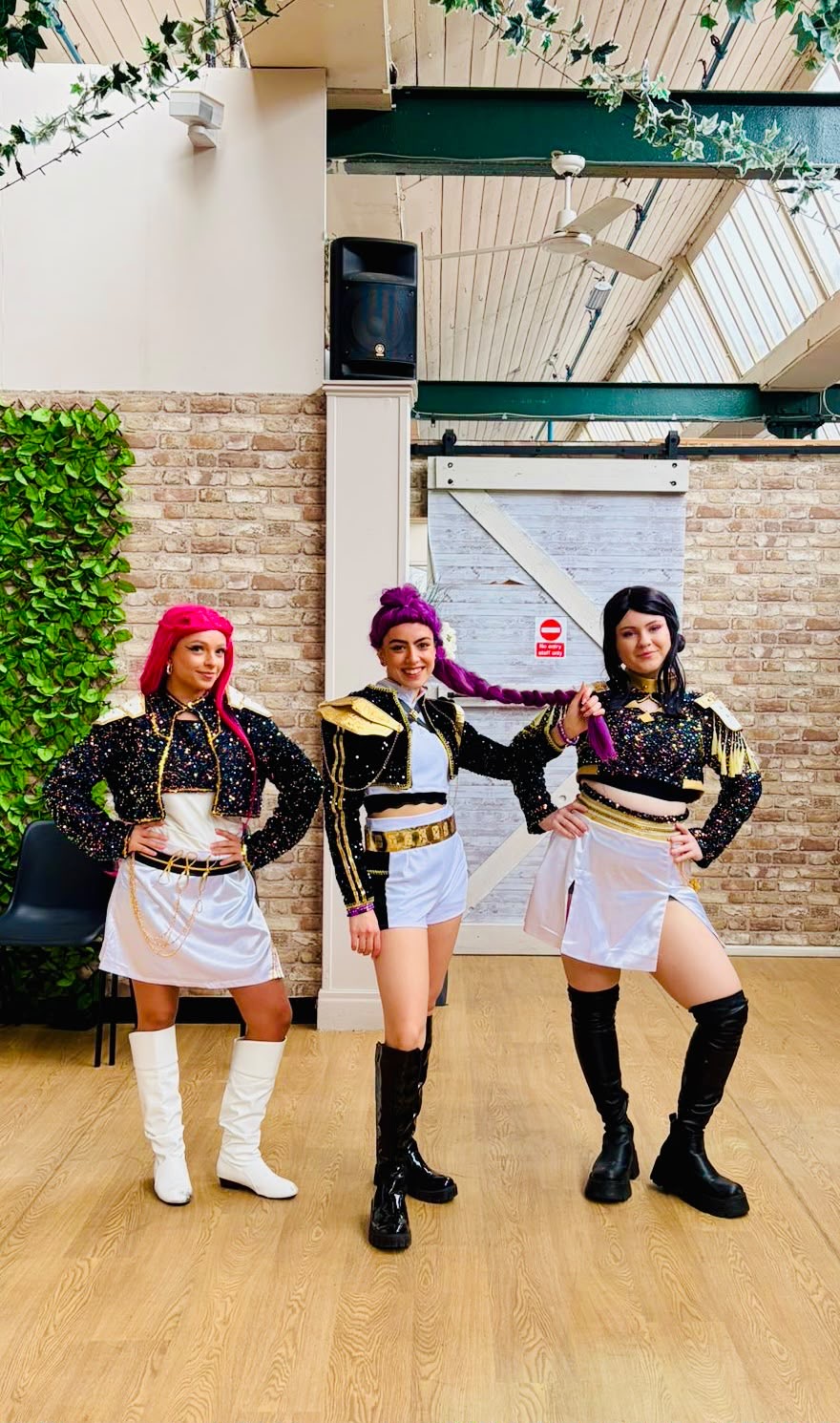 Three performers in coordinated fantasy character costumes at an indoor event